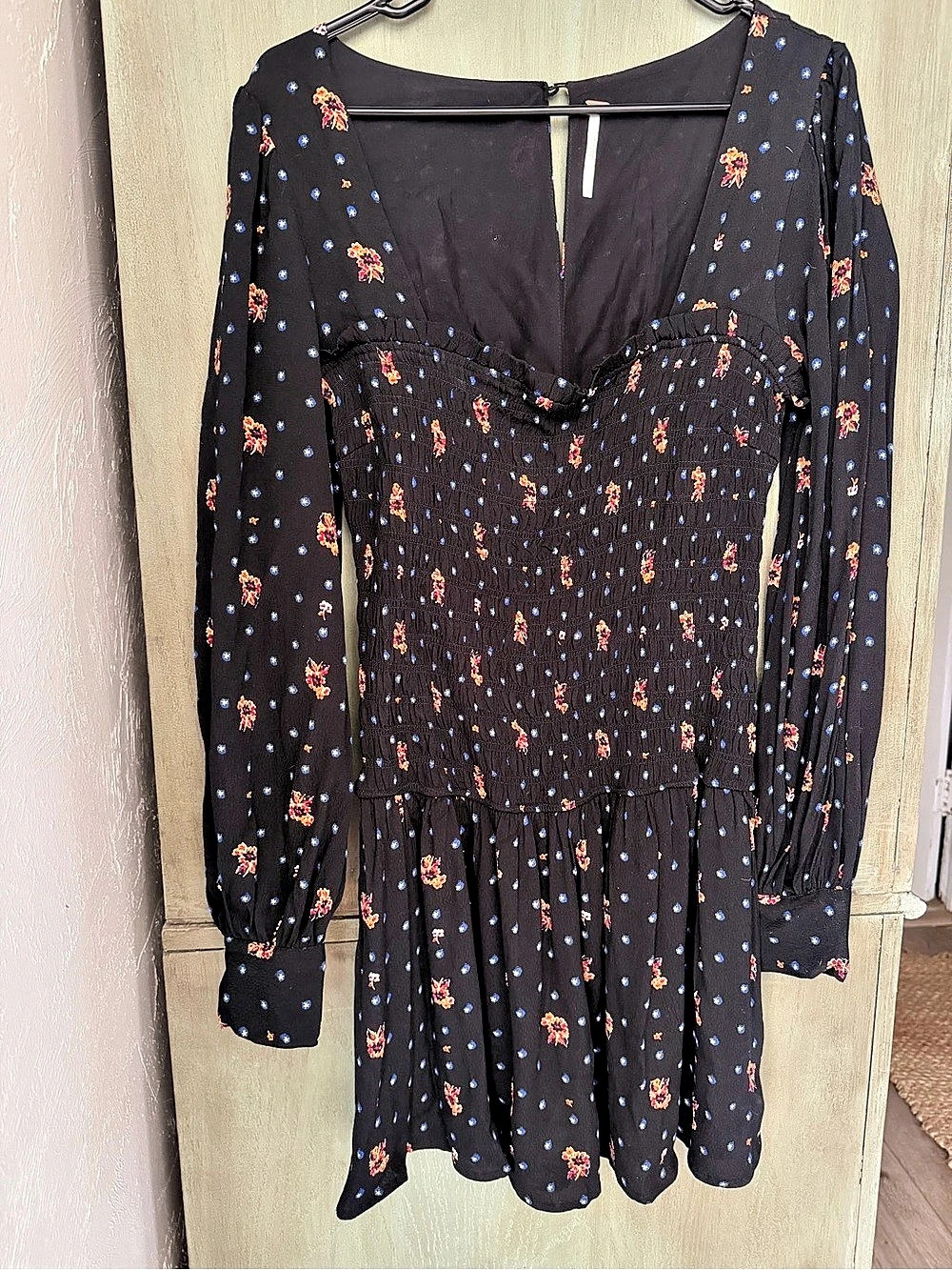 Free People Greatest Day Smocked Mini Dress Floral Black & Orange Size Small